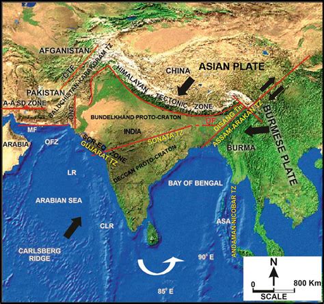 Geographical map showing tectonic plate boundaries and fault lines in Bangladesh and eastern India.