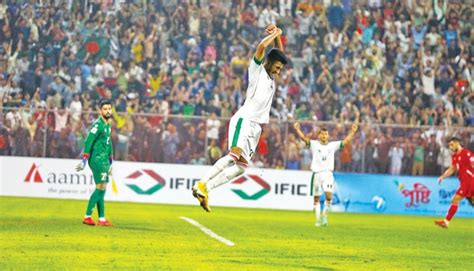 Bangladesh's Shekh Morsalin celebrates after scoring the decisive goal against India.