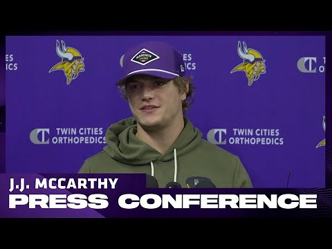 Vikings quarterback J.J. McCarthy celebrates with Justin Jefferson after their late touchdown.