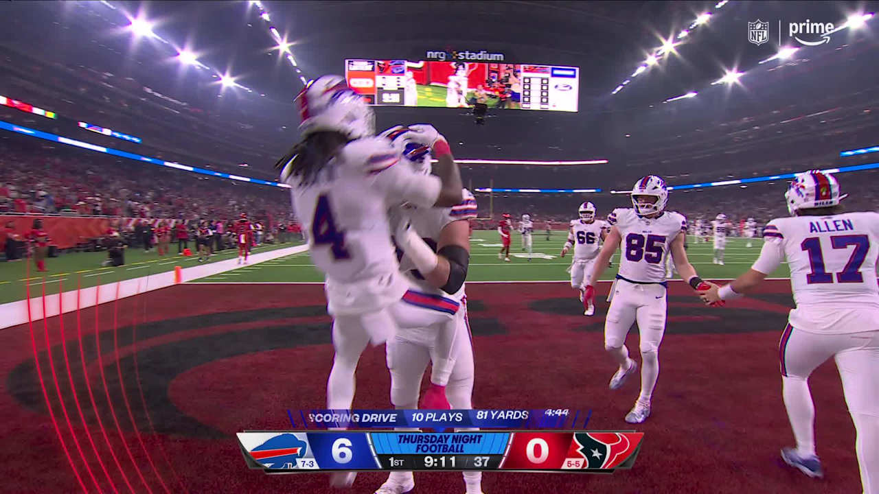 Bills players celebrate after a key touchdown during their TNF victory.