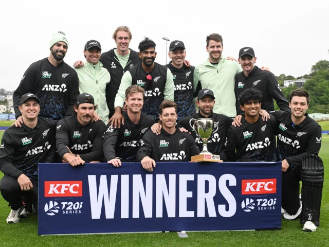 Blackcaps players celebrate after securing a hard-fought victory over the West Indies.