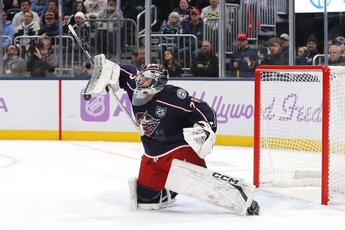 Elvis Merzlikins looks to maintain his strong play between the pipes for Columbus.