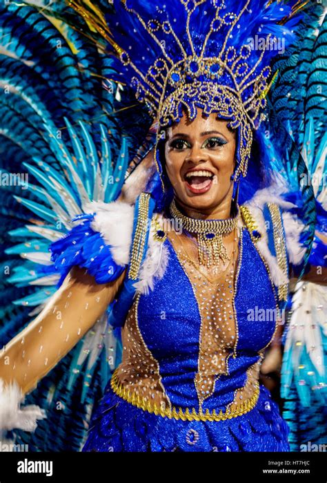Elaborately costumed samba dancers performing during Rio's Carnival parade.