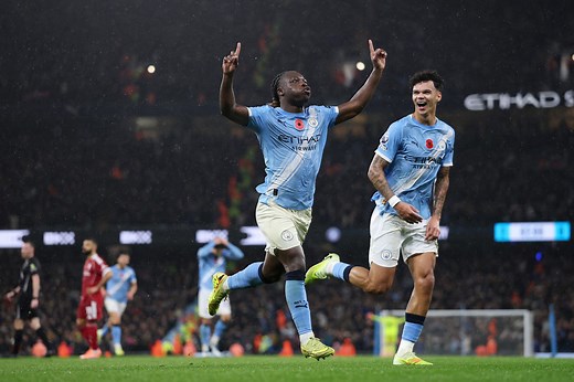 Jeremy Doku celebrates his brilliant goal that sealed the 3-0 victory for Manchester City.