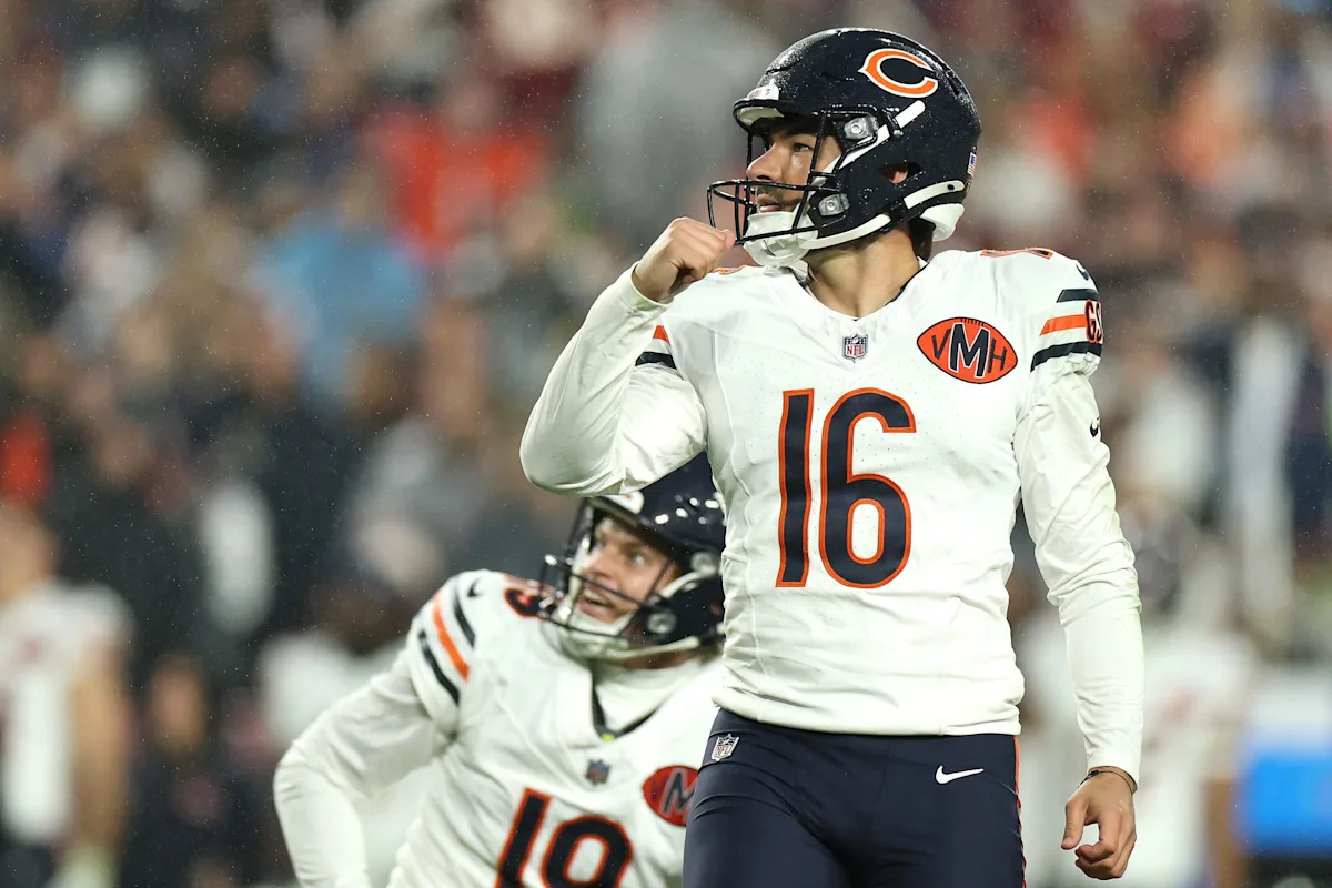 Jake Moody, the Commanders' new kicker, during his time with the Bears