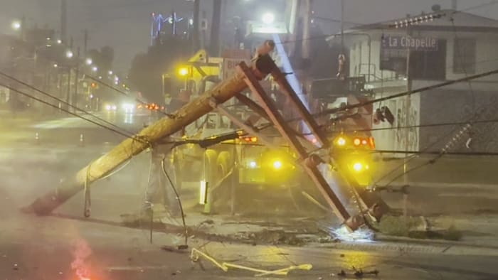 CPS Energy crews work to restore power after a vehicle strike near South Flores Street.