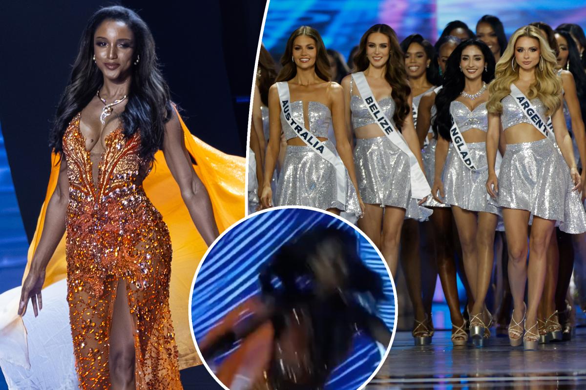 Miss Jamaica Gabrielle Henry is rushed off stage on a stretcher after falling during a preliminary gown competition.