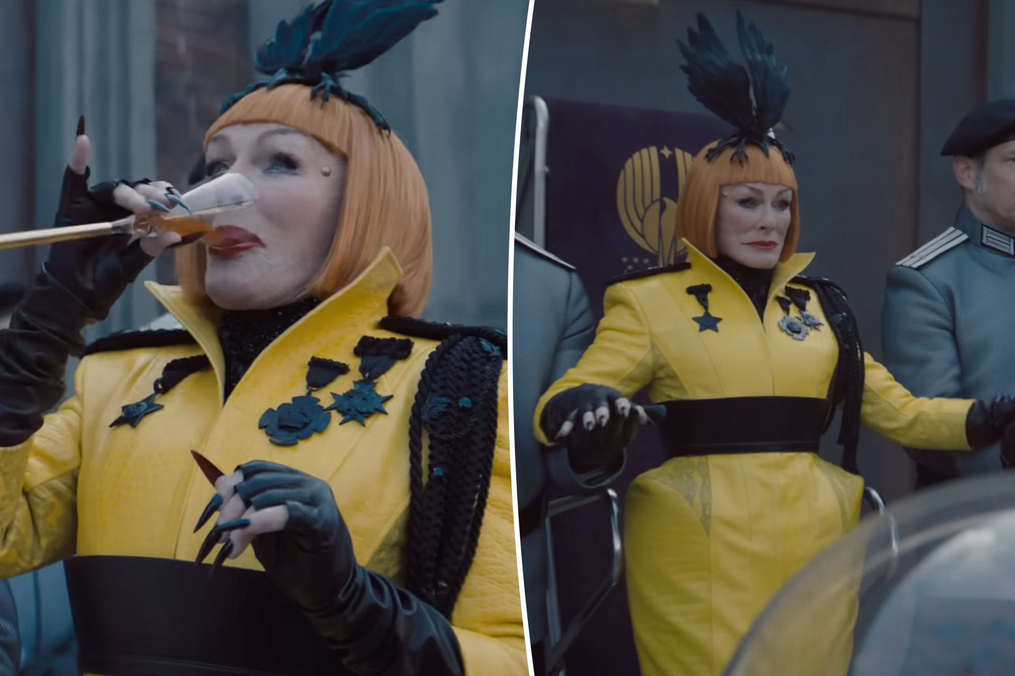 Glenn Close as Drusilla Sickle in her official Hunger Games attire, showcasing the character's distinctive yellow military uniform and striking red hairstyle.