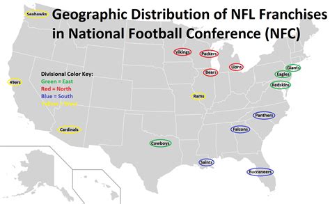 Map showing the geographical locations of NFC North division teams including the Packers, Bears, Lions, and Vikings.