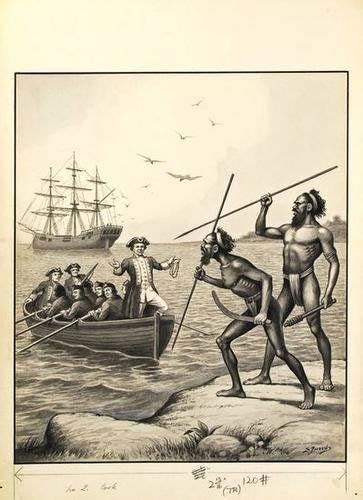 Cook's first encounter with Aboriginal Australians at Botany Bay, Australia, 1770.
