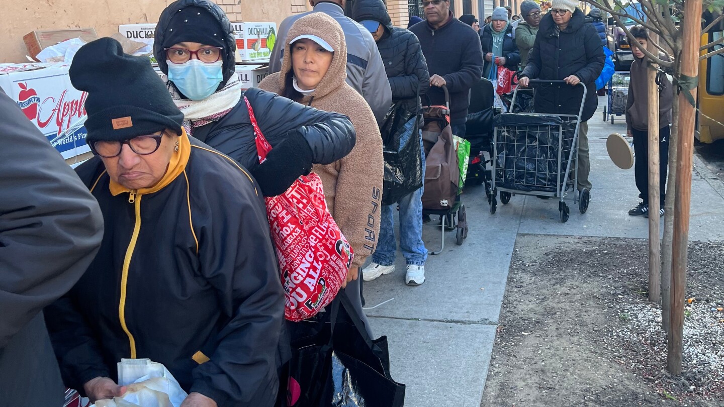 People wait in line for food assistance as SNAP benefits remain uncertain during the government shutdown.