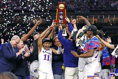 The Kansas Jayhawks celebrate their victory over Notre Dame.