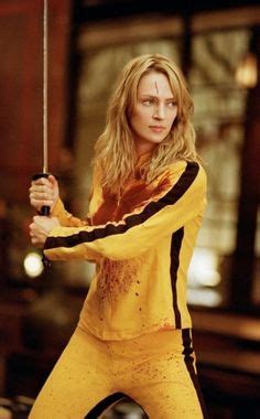 Uma Thurman as The Bride in her iconic yellow tracksuit, one of the most memorable images in cinema history.