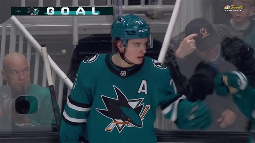 Celebrini celebrates his first-period goal with a daring backhanded finish.