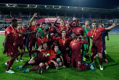 Portugal U17 players celebrating their 2-1 win over Belgium in the previous round.