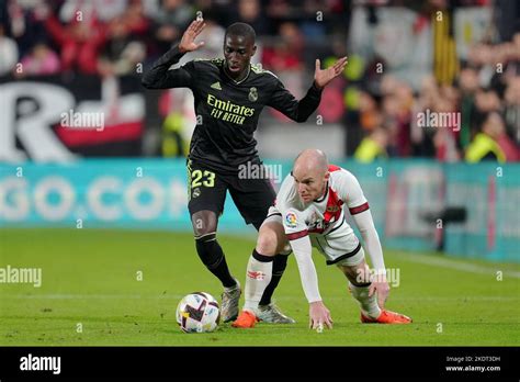 Mendy celebrates his opening goal for Rayo Vallecano.