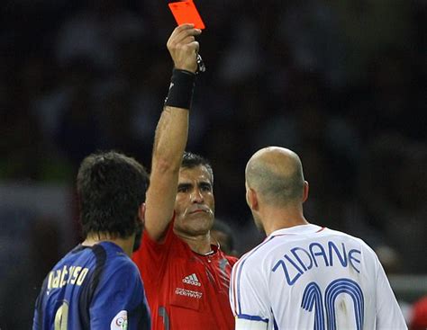 Zidane's infamous headbutt in the 2006 World Cup final resulted in his career-ending red card.