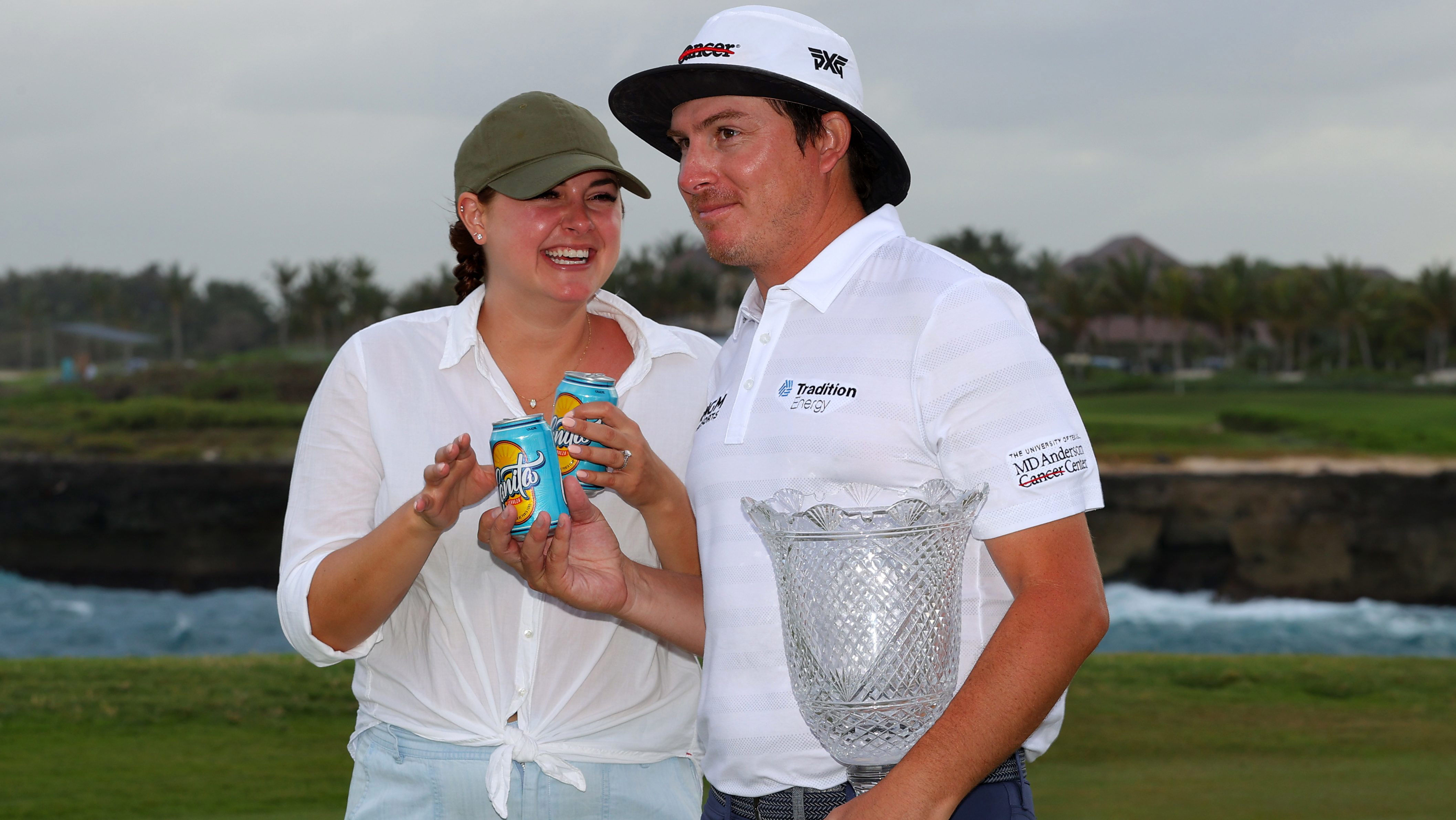 Joel Dahmen celebrates securing his PGA Tour card at the 2024 RSM Classic