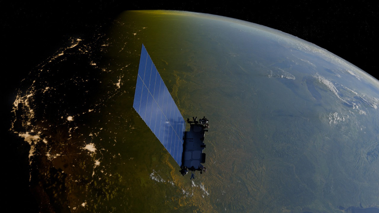 Artist's rendering of Starlink satellites deploying in low-Earth orbit to form SpaceX's global broadband constellation.