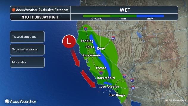 Snow-covered mountain pass in Southern California, a potential hazard for Thanksgiving travelers.