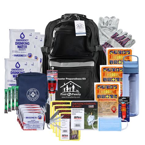 Emergency preparedness kit with water, food, and supplies.