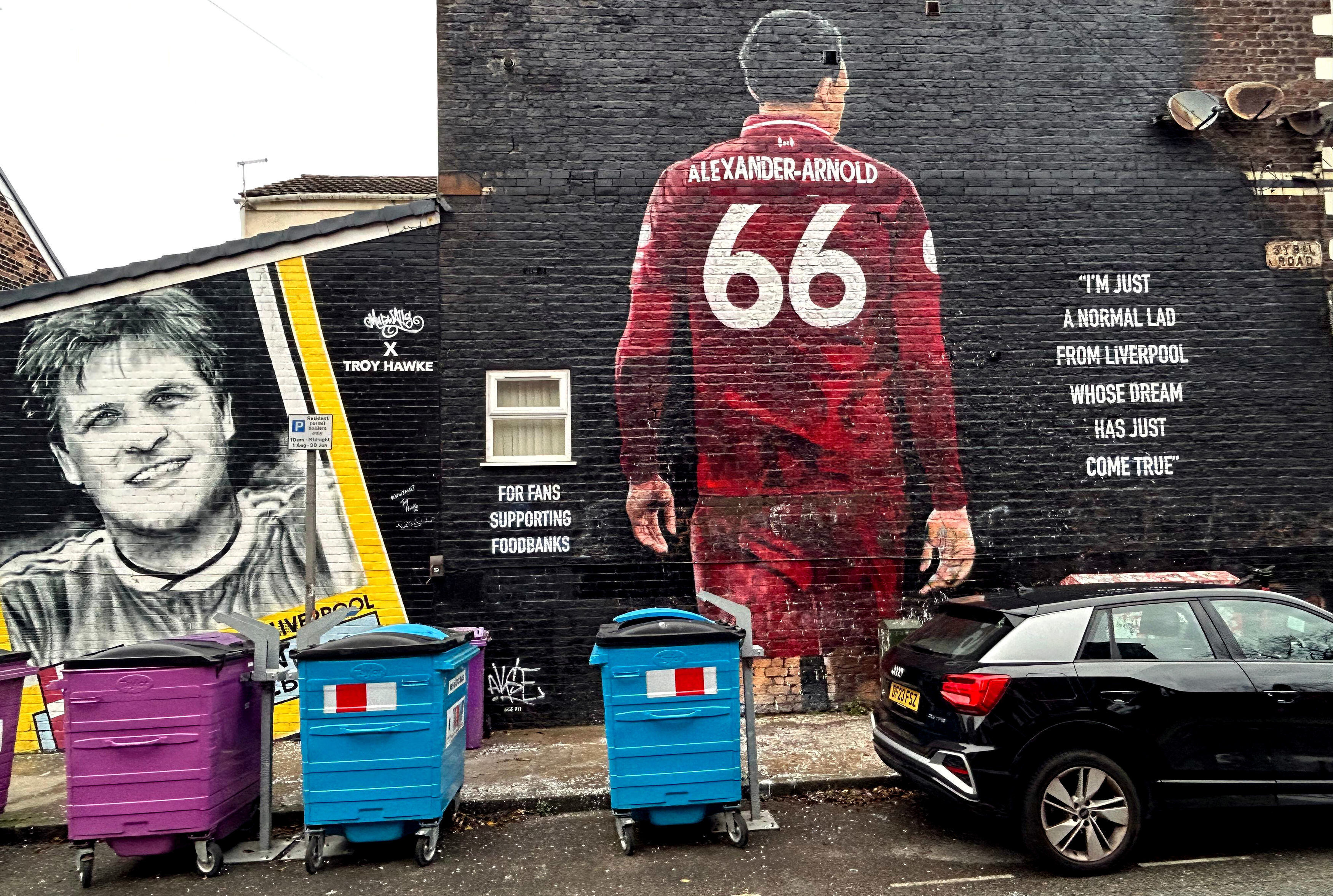 The vandalized mural of Trent Alexander-Arnold near Anfield before his return with Real Madrid.