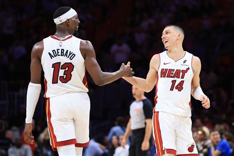 Herro and Adebayo celebrating during a critical Heat possession