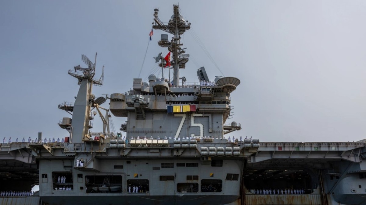 The aftermath of the February collision between the Truman and a merchant vessel.