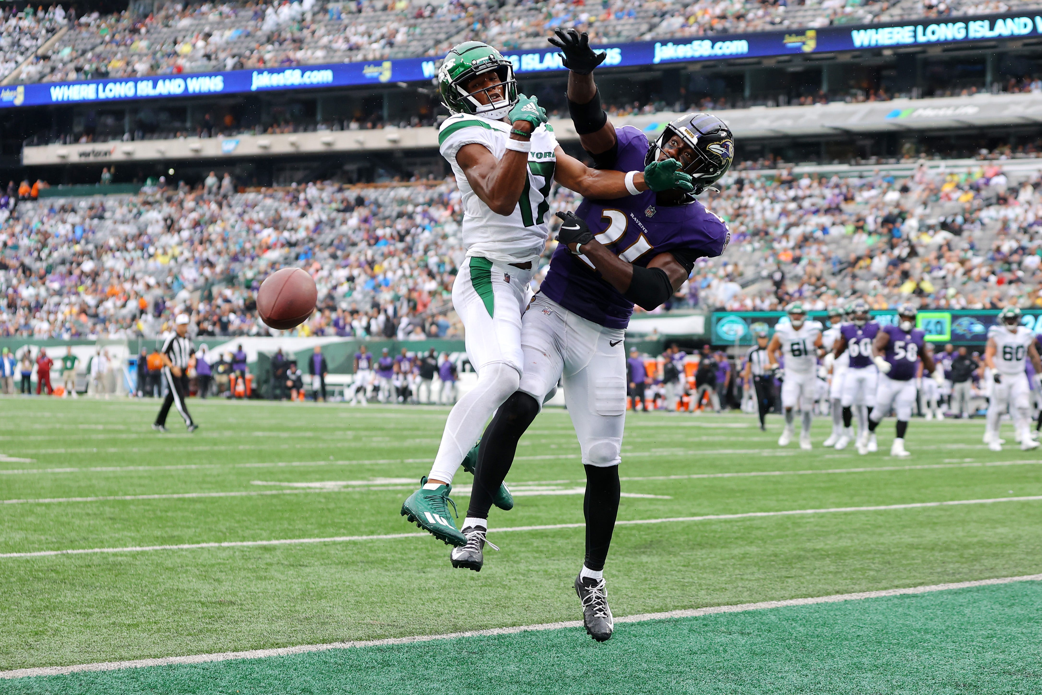 Jets secondary celebrates an interception that shifted momentum against the Bills