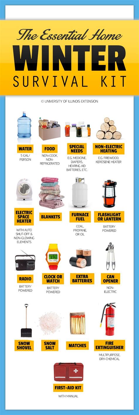 Essential supplies for winter storm emergencies including flashlights, food, and first-aid kits.