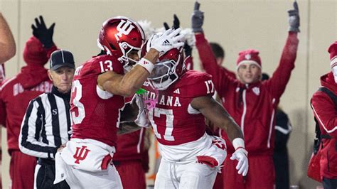 The explosive Indiana offense celebrating a touchdown, posing a major test for Wisconsin's defense.
